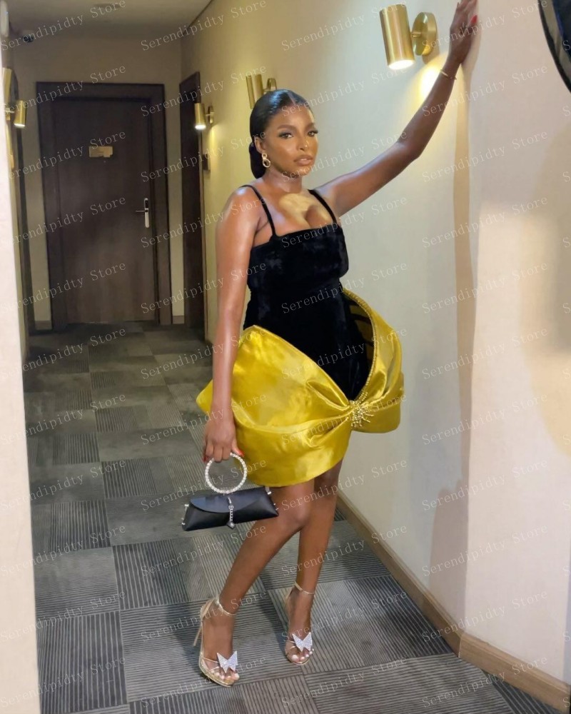 Serendipidty-大きな弓のイブニングドレス,ストラップ付きのカクテルドレス,女性用,ゴールデン,ブラック,ベルベット,ビーズ,新しいデザイン