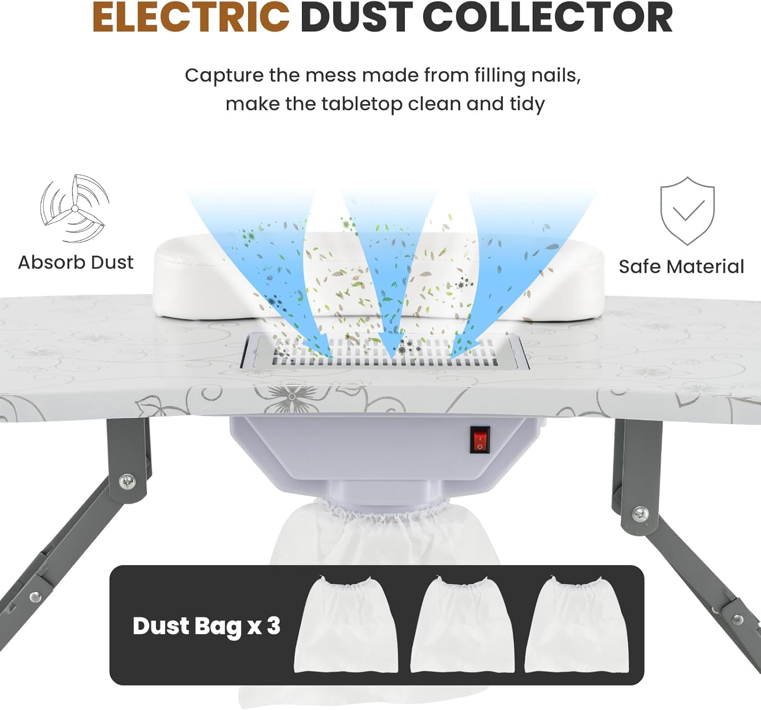 Nail Table All-in-One Manicure Desk w/Electric Dust Collector, LED Nail Lamp, Carry Bag & Wrist Cushion, Mobile Nail Desks w/Uni