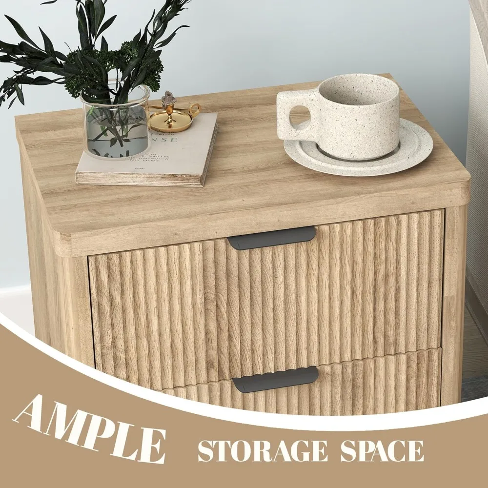 Fluted Nightstand with 2 Drawers Farmhouse Wood Oak Nightstands for Bedroom, Bedside Tables for Small Space,Sofa Side Table