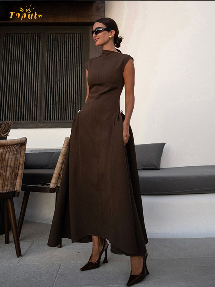 Vestido largo plisado con cuello oblicuo a la moda para mujer, vestido largo elegante sin mangas con cintura retráctil, corte en A, nuevo vestido de fiesta de noche para mujer