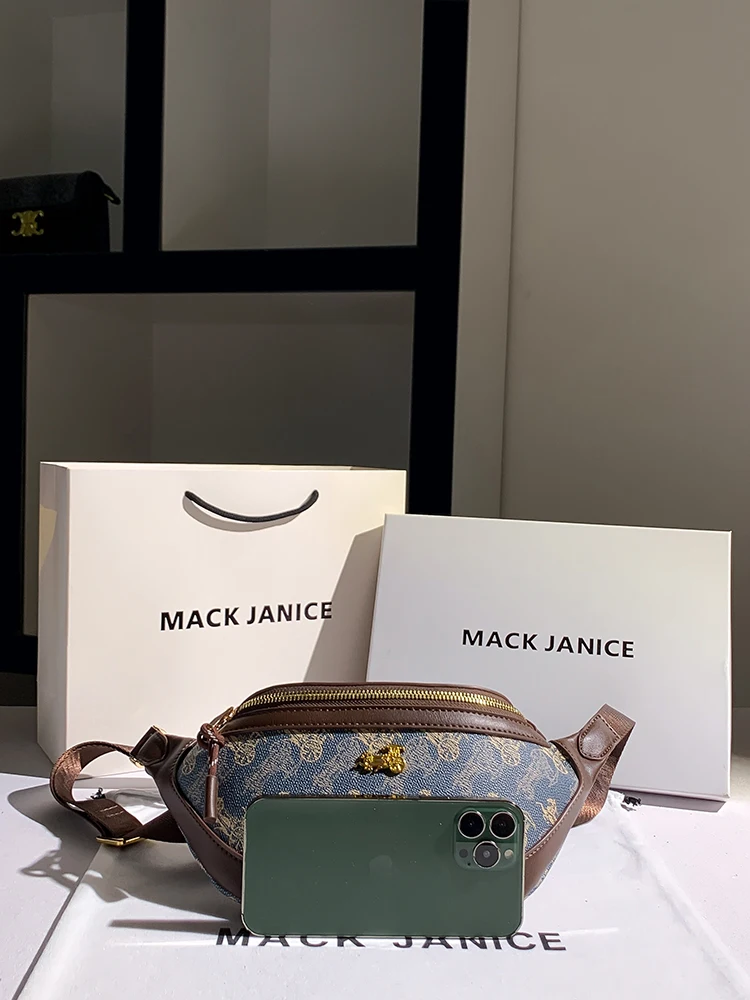 MackJanice 高級レザーキャリッジプリントクロスボディバッグ女性のための秋冬新スタイルチェストバッグダイヤモンド埋め込みスクエアバッグ