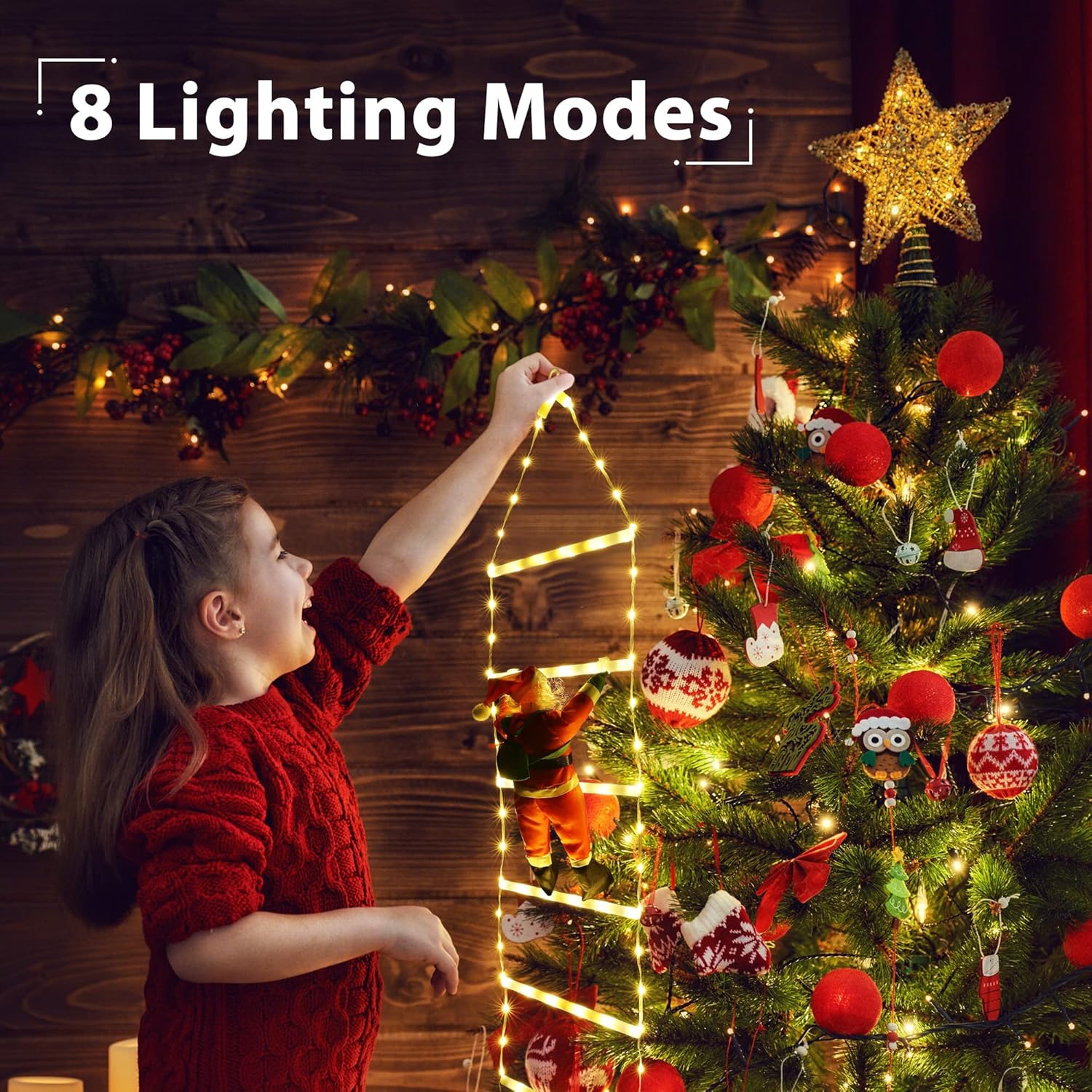 Christmas Decorations LED Ladder Lights with Climbing Santa Claus Indoor Xmas Tree LED Lights for Home Holiday Wall Window Decor