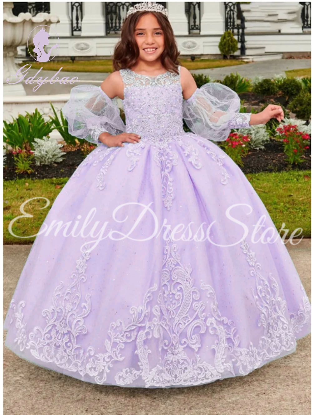 Vestido azul de flores para niña, traje de encaje rosa con cuello redondo, apliques de tul hinchados, vestidos de baile de cumpleaños de primera comunión, 2024