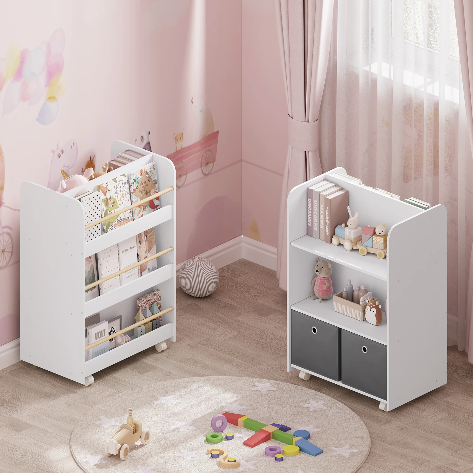 WOLTU 1 set libreria mobile per bambini con ruote libreria multiuso con scatole libreria portaoggetti su 2 lati per la scuola materna