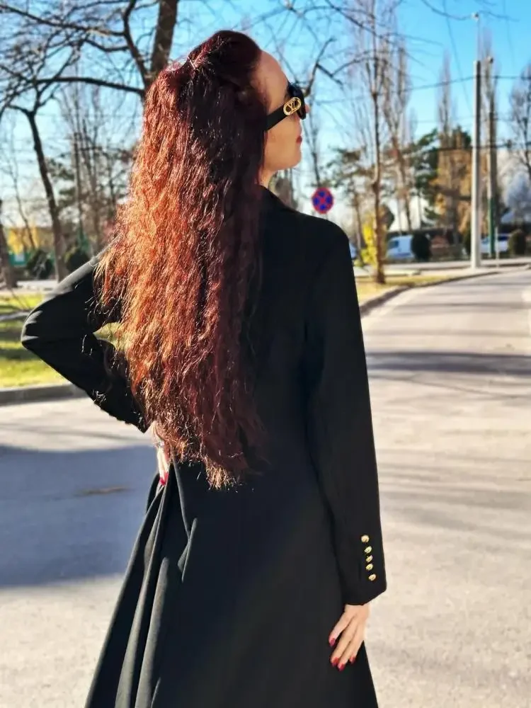 Bonboho 2024 Women's Elegant Blazer Jacket Solid Black Slim Long Sleeve Extra-Long Splited Blazer Coat Female Formal Outerwear