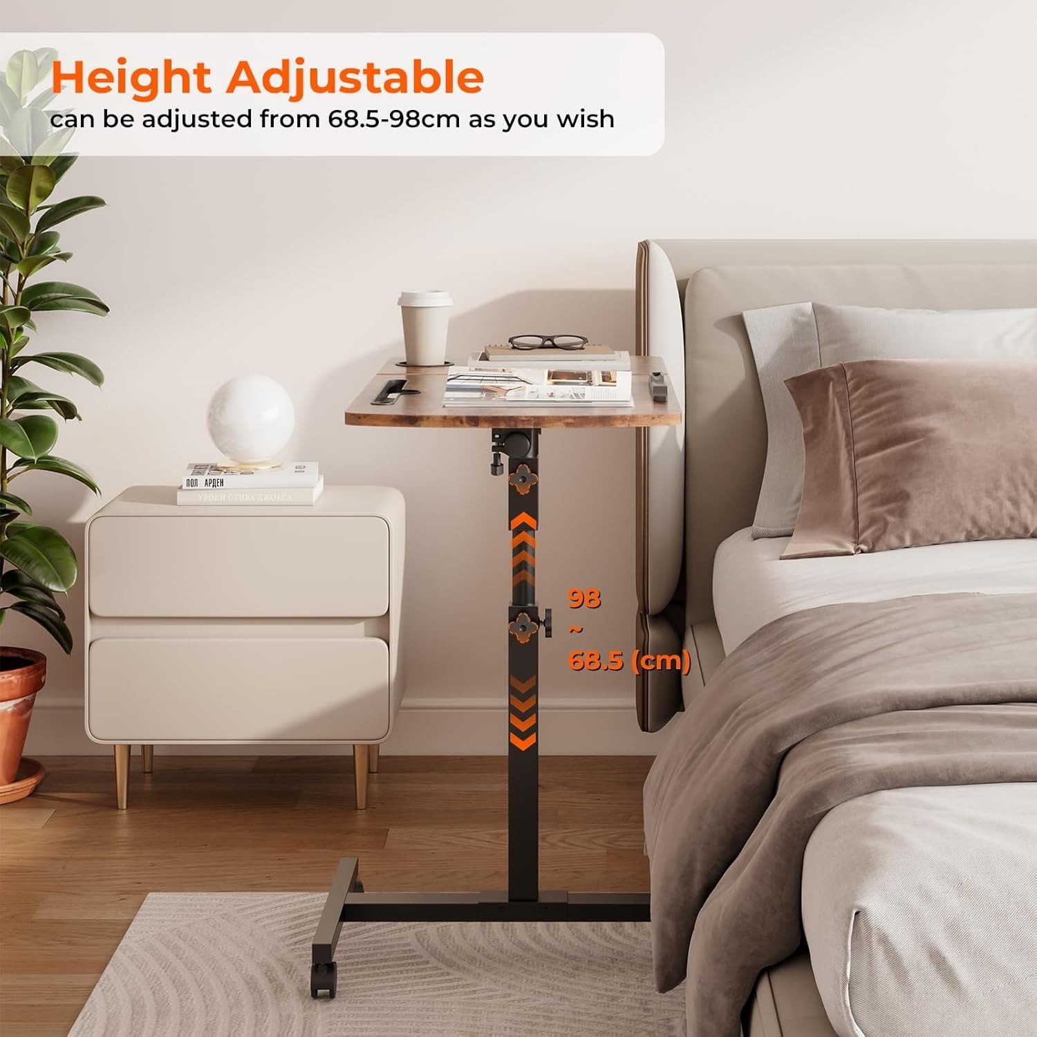Height Adjustable Rolling Laptop Desk Over-bed Table with 2 Tilting Desktops, Mobile Bedside Sofa Side Table Standing Desk