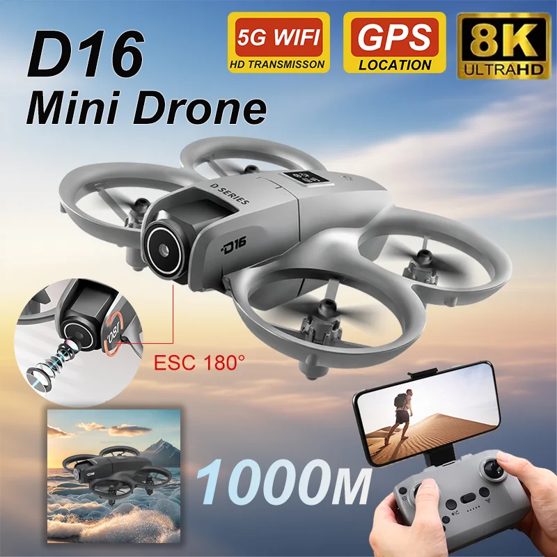 Novo D16 mini drone 8k câmera dupla evitar obstáculos fluxo óptico 180 °   Quadcopters aéreos ajustáveis da lente Wifi FPV para o adulto do miúdo