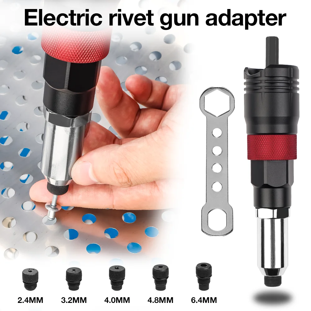 Adaptador de pistola de rebite elétrica de 2,4 / 3,2 / 4,0 / 4,8 / 6,4 mm Kit de rebitagem sem fio Arma de rebite automática com chave e alça adequada para ferramentas de rebitagem sem fio com furadeira elétrica