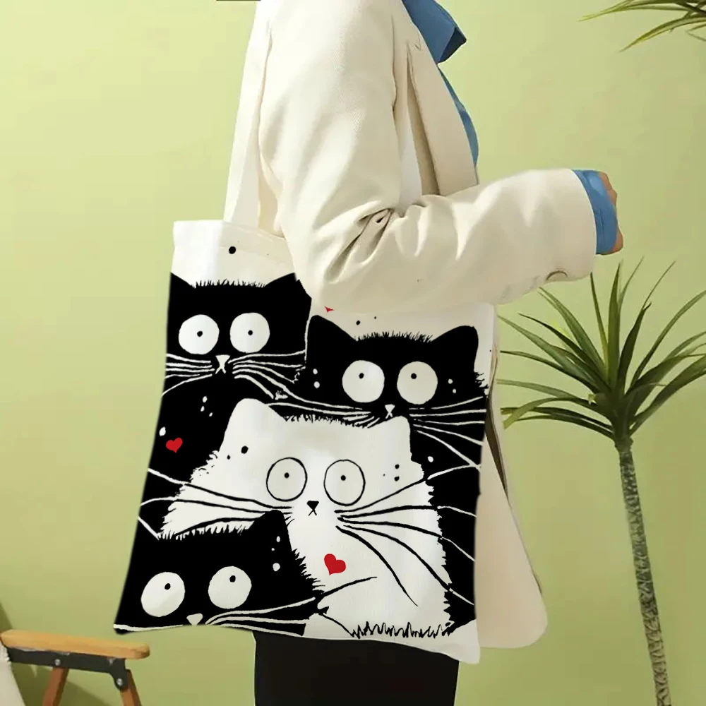 Andeiltech-再利用可能な女性用トートバッグ,かわいい猫の食料品の買い物,女子高生の贈り物,美的,ジッパーなし