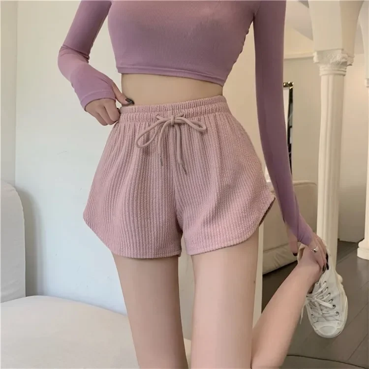 높은 탄성 여성 반바지 여름 Drawstring 반바지 넓은 다리 짧은 피트니스 러닝 반바지 루즈 캐주얼 플러스 사이즈 스포츠 바지