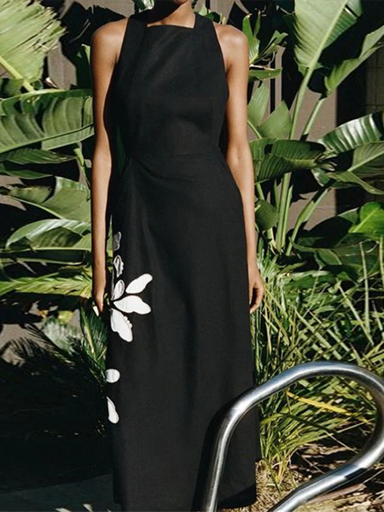 Vestido bordado para mujer, informal, Vintage, sin espalda, a la moda, chaleco de cintura alta, bata femenina de verano sin mangas, vestidos con bolsillos acampanados para mujer