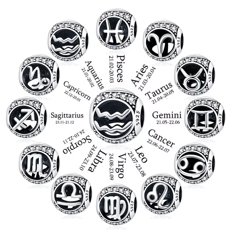 Original 925 เงินสิบสอง Constellations LEO Aries Virgo รอบ Charms ลูกปัด Fit Qikaola สร้อยข้อมือ DIY เครื่องประดับวันเกิดของขวัญ