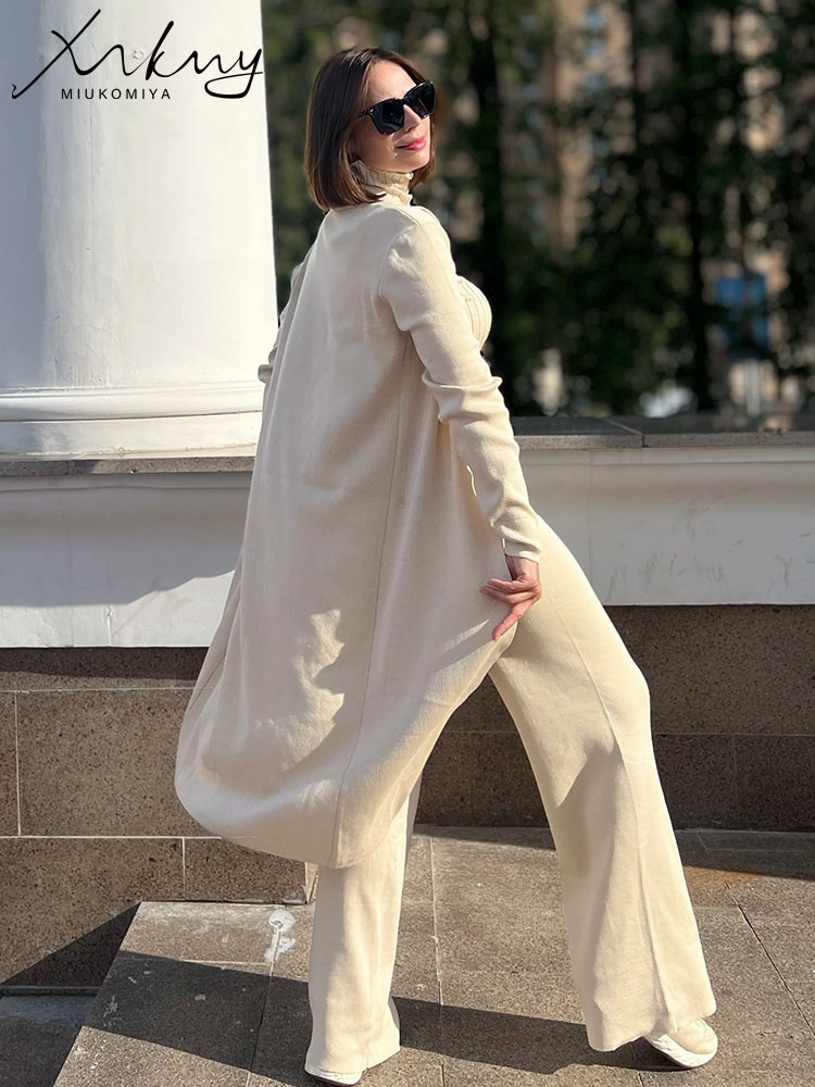 春 3 点セット衣装女性ニットスーツパンツセットカーキタートルネックベストロングカーディガンルーズ 3 ピーススーツ女性のための