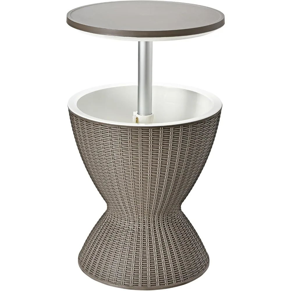 Outdoor Cool Bar Table, 8 Gallon Beer and Wine Cooler, Height Adjustable Rattan Style Cocktail Patio Bar Tables, 3-in-Ice