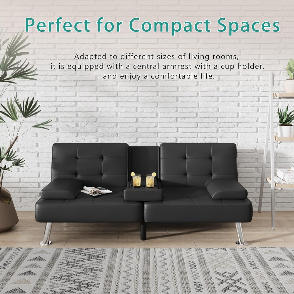 Futon Sofa Bed, Modern Folding Futon Set, Convertible Lounge Chair, Suitable for Living Room with 2 Cup Holders