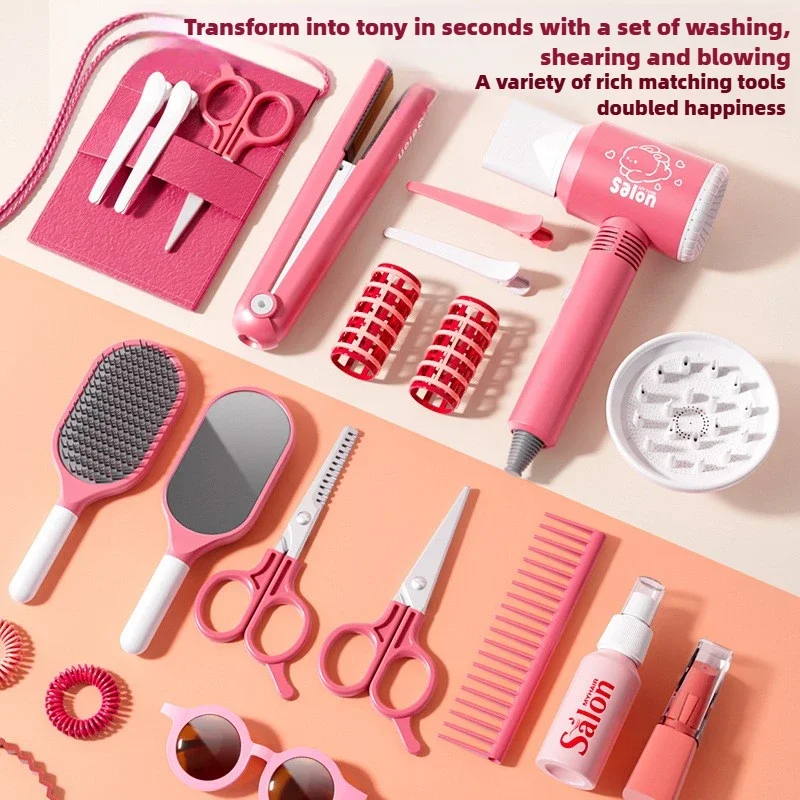 Set per salone di bellezza per ragazze Set per trucco per bellezza per capelli per bambini Simulazione Asciugacapelli Strumento per lo styling di moda Fai finta di giocare a casa Regalo Gioco divertente