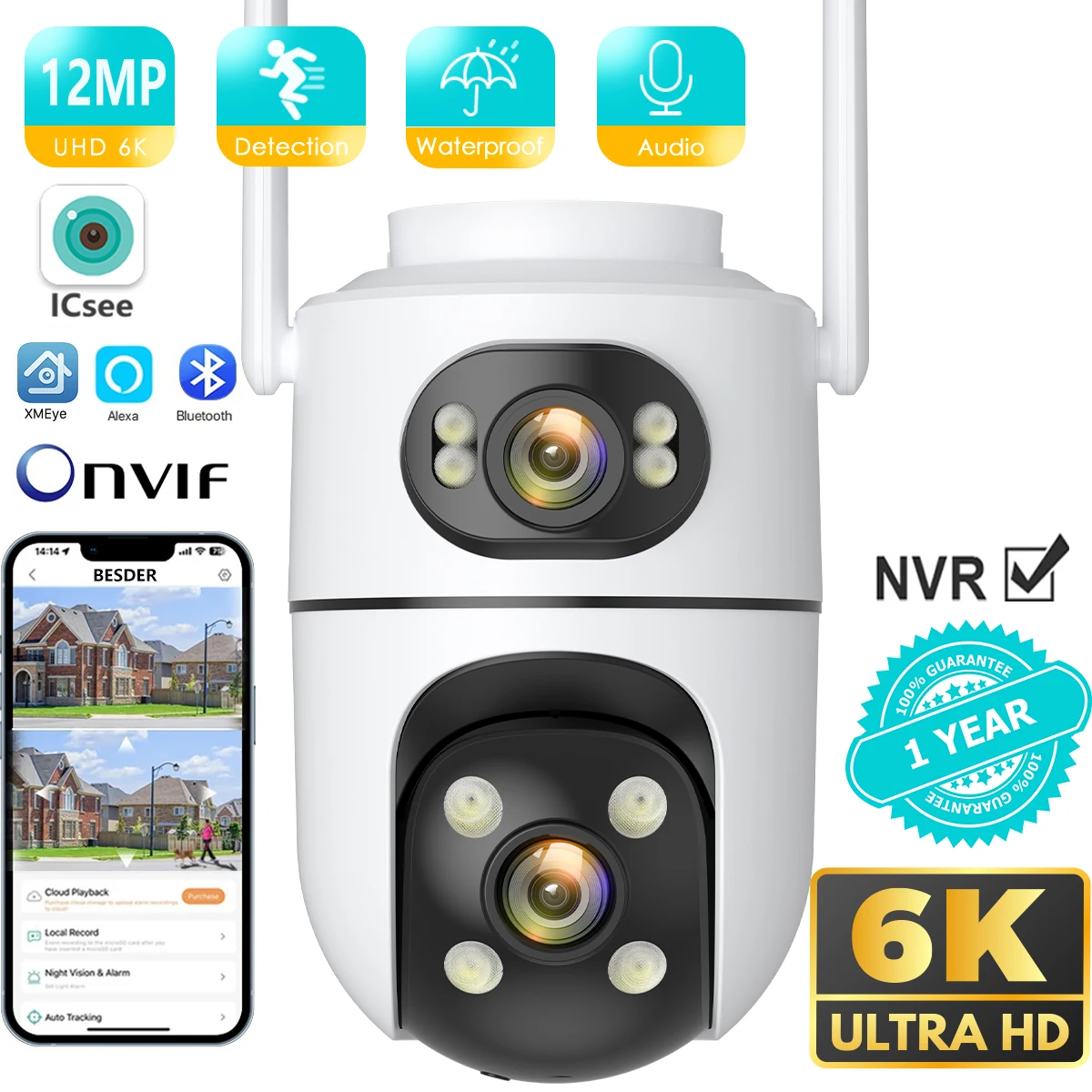 Cámara IP de seguridad inalámbrica para exteriores, 6K, 12MP, HD, lente Dual, Wifi externo, cámara PTZ, seguimiento automático, cámara de vigilancia de calle iCsee