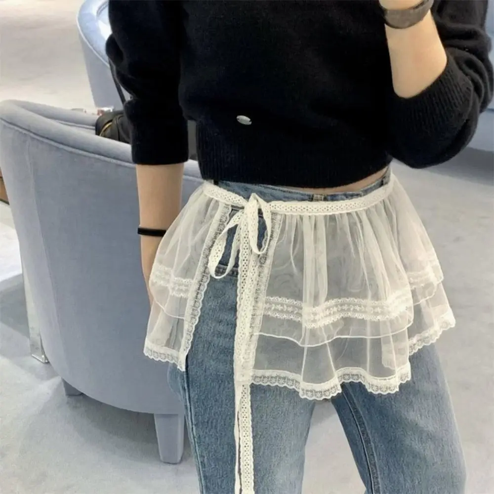 Neue Gestickte Blume Spitze Mini Rock Durchsichtig Y2K Streetwear Lace Up Rüschen Rock Harajuku Butt Vorhang Jeans Dekoration