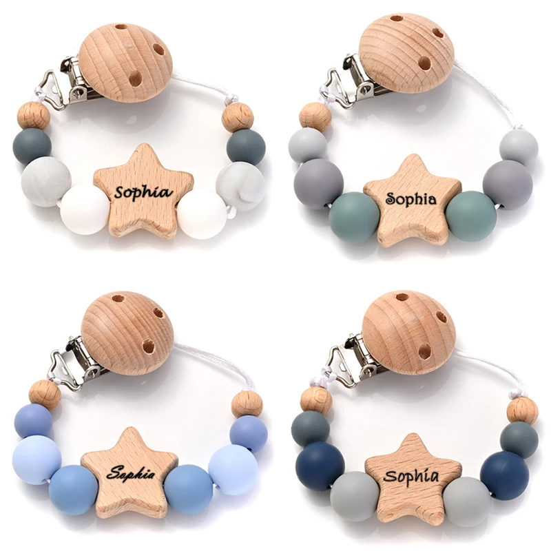Custom Name Beech Clip Choose Font Personalized Baby Pacifier Chain Silicone Bead Dummy Nipple Holder Teether Chain Newborn Gift