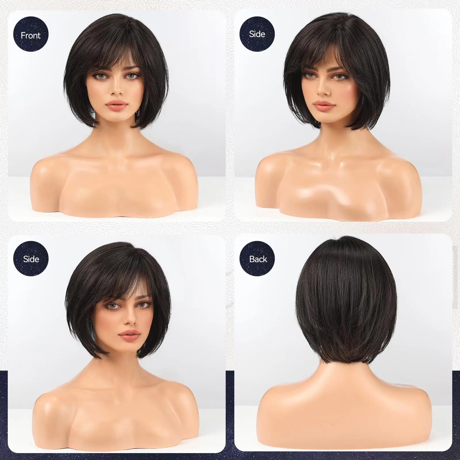 Extensions de cheveux humains Remy noirs naturels, postiche à Base de soie, 4 Clips dans les cheveux avec frange, 10 pouces, pour femmes