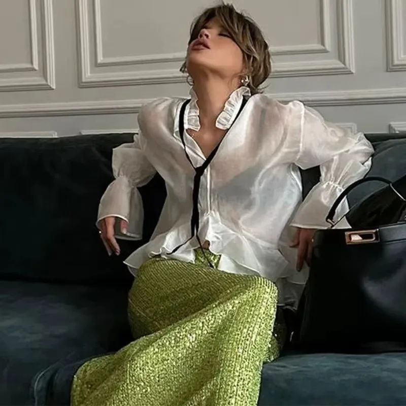 Talenzaเซ็กซี่หลวมสีขาวสตรีเสื้อ 2024 แฟชั่นRuffleคอยาวแขนยาวElegantดูผ่านTopเสื้อผ้าหญิง
