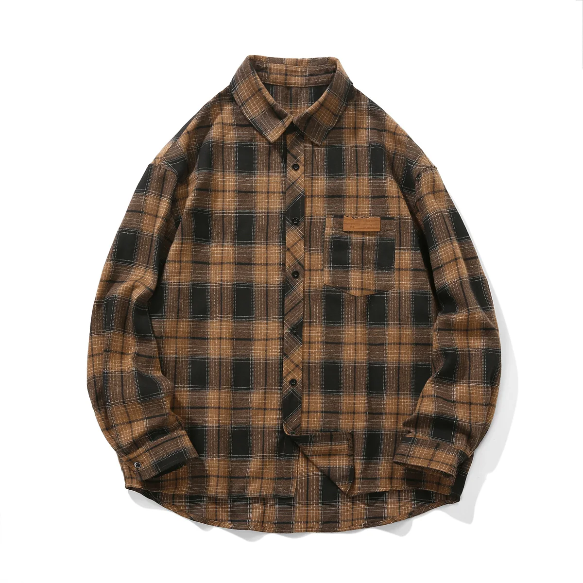 Camisa a cuadros Vintage para hombre, Top exterior de gran tamaño, ropa informal de manga larga a cuadros, blusa con botones de un solo bolsillo para hombre