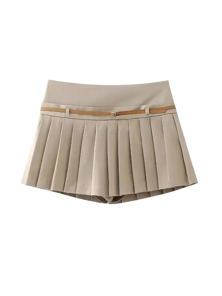Saias curtas plissadas para mulheres com cinto, zíper lateral, cintura média, saia feminina, moda chique