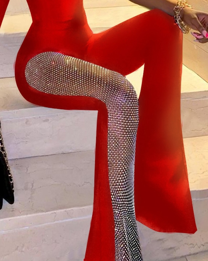 Jumpsuit ผู้หญิงฤดูใบไม้ผลิแฟชั่น Rhinestone Fishnet Patch เซ็กซี่ไม่สมมาตรคอยาวแขนยาว Skinny Daily Flared ขา Jumpsuit