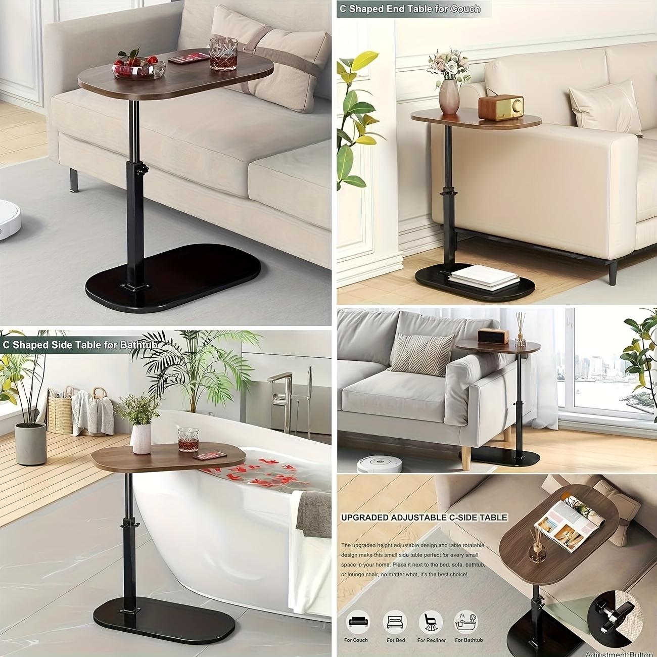 Adjustable height table - with wooden tabletop, portable sofa side table, suitable for coffee, office, and indoor/outdoor use
