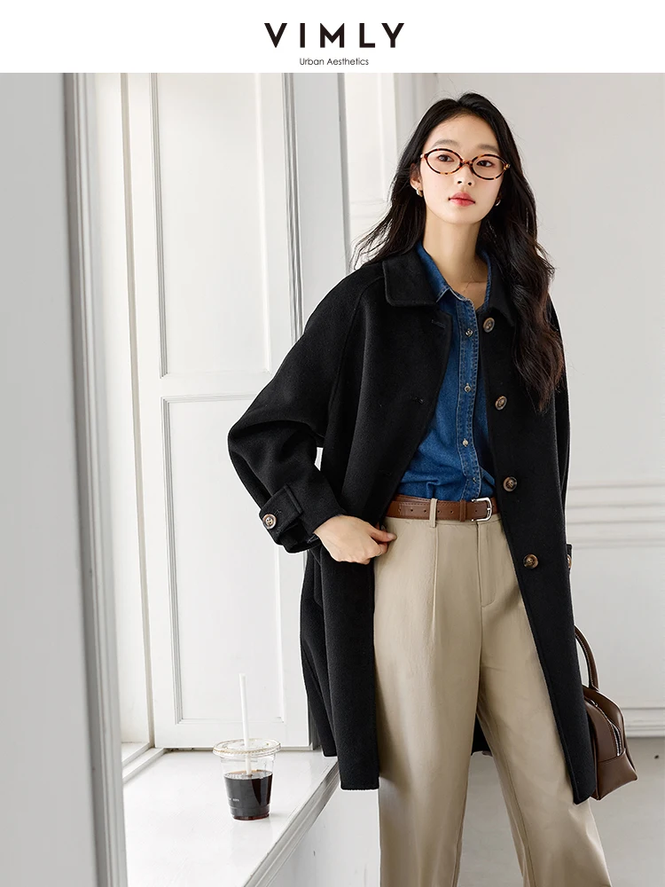 Vimly Double Faced Wool Blend ยาวฤดูหนาวผู้หญิงทําด้วยผ้าขนสัตว์สบายๆถักเสื้อ Office Lady WARM Overcoat 50811