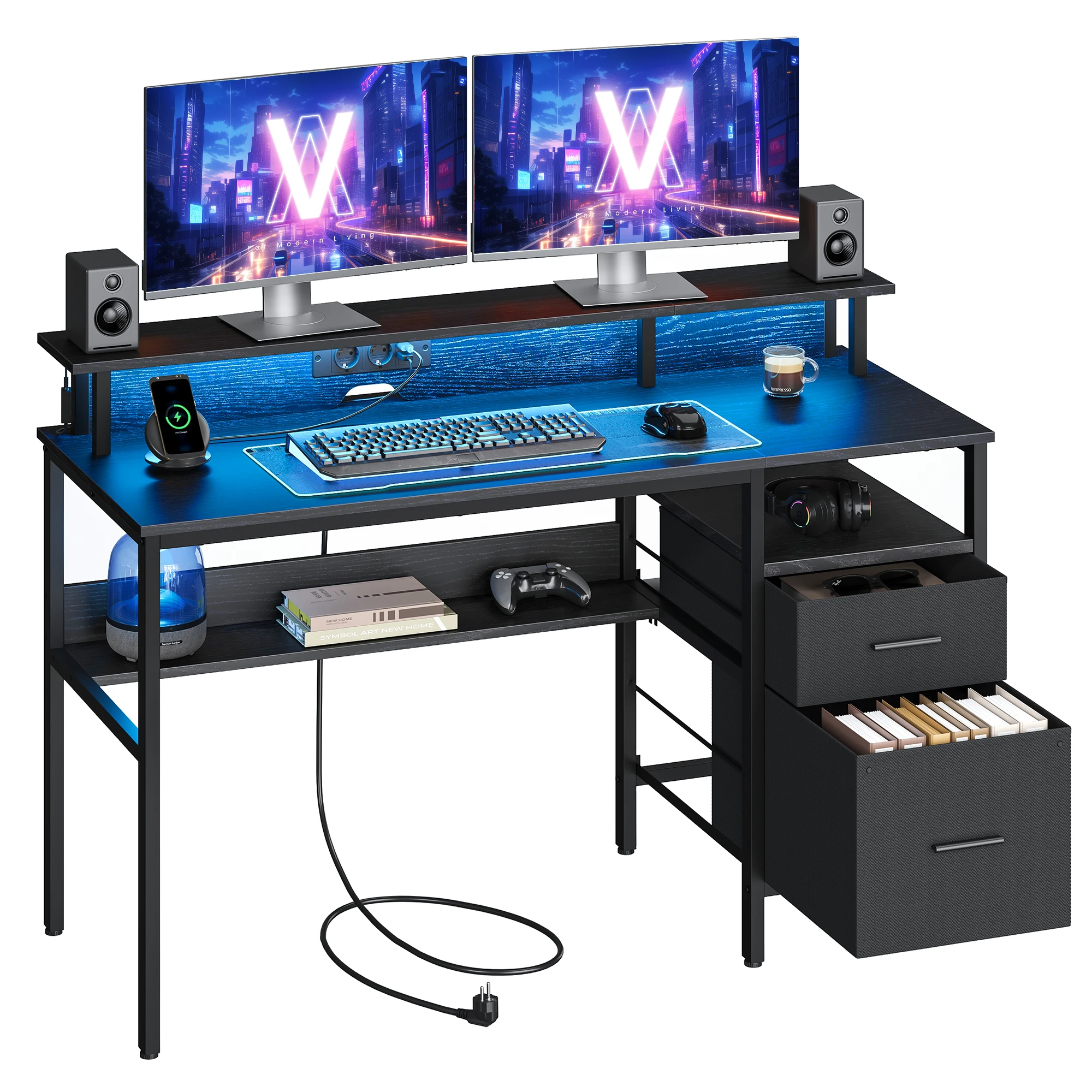 VASAGLE Bureau Gaming avec Lumières LED et Multiprise, Bureau Informatique avec Support d'Écran, Table avec Rangement, 2 Tiroirs en Tissu, 2 Ports USB, pour Bureau