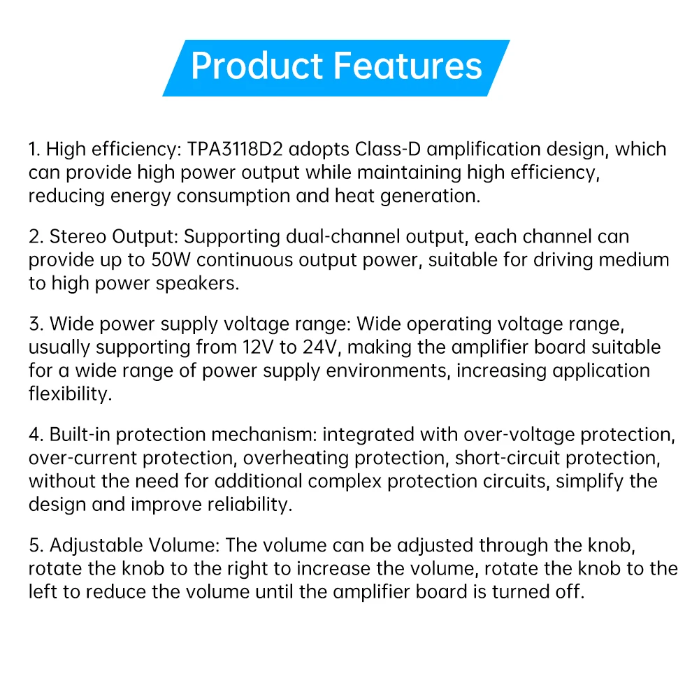 DC 12V~24V Class D Amplifier Module 50W*2 HiFi Stereo Bluetooth 5.0 Audio Amplifier Volume Adjustable with Protection Amplifiers