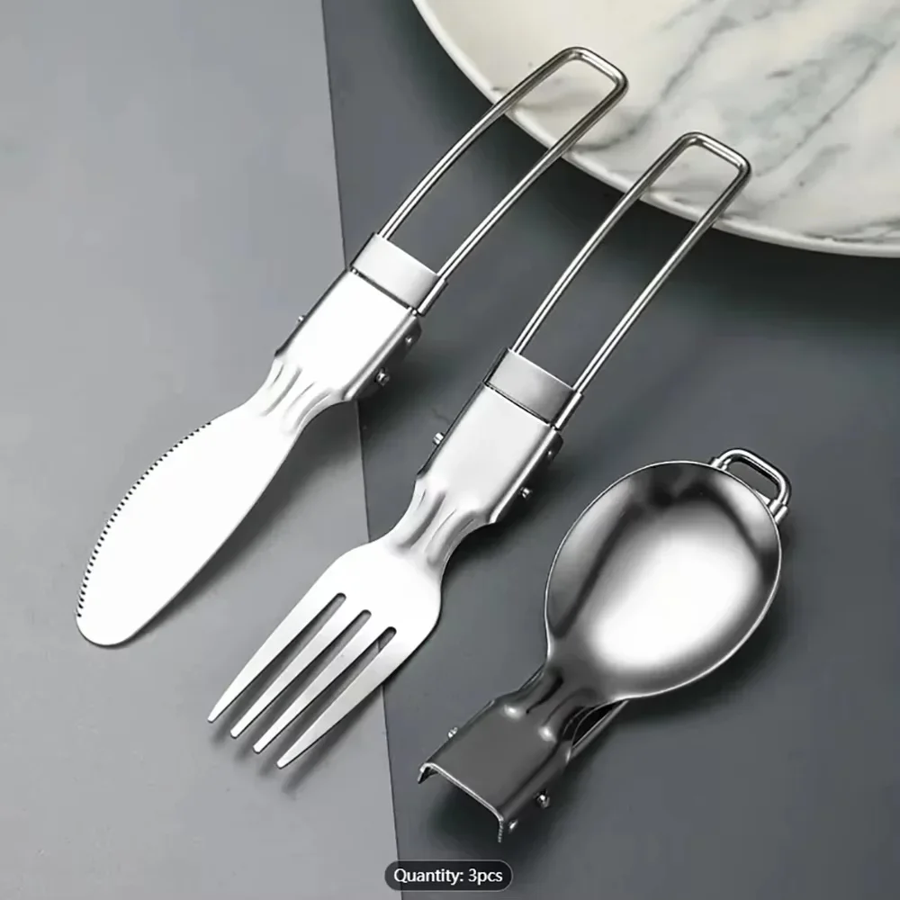 3 pz/1 set portatile campeggio esterno viaggio picnic pieghevole set di posate in acciaio inossidabile cucchiaio forchetta coltello stoviglie da viaggio all'aperto