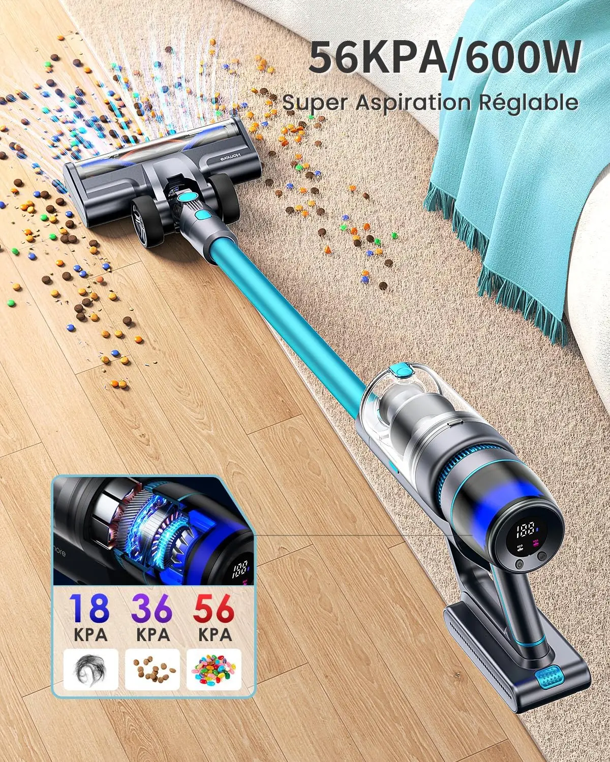 Homore  600W 56KPA 65Mins Aspirateur-balai sans fil avec écran couleur, aspirateur-balai avec mode automatique et brosse anti-enchevêtrement pour tapis, sols durs, poils d'animaux.