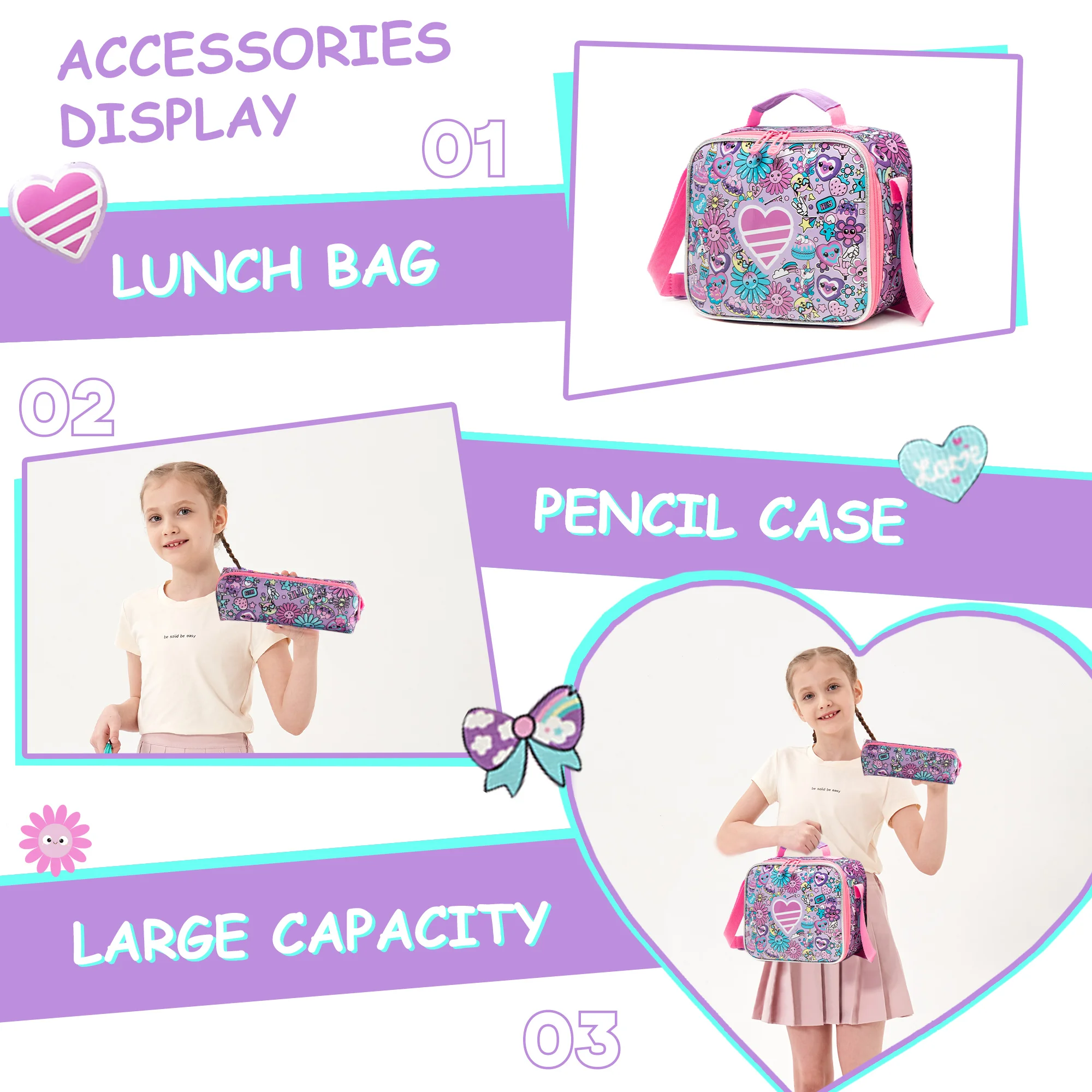 Mochila escolar para meninas com lancheira, estojo para lápis, design de casca dura com vários bolsos, alças ajustáveis para viagens escolares ou piqueniques