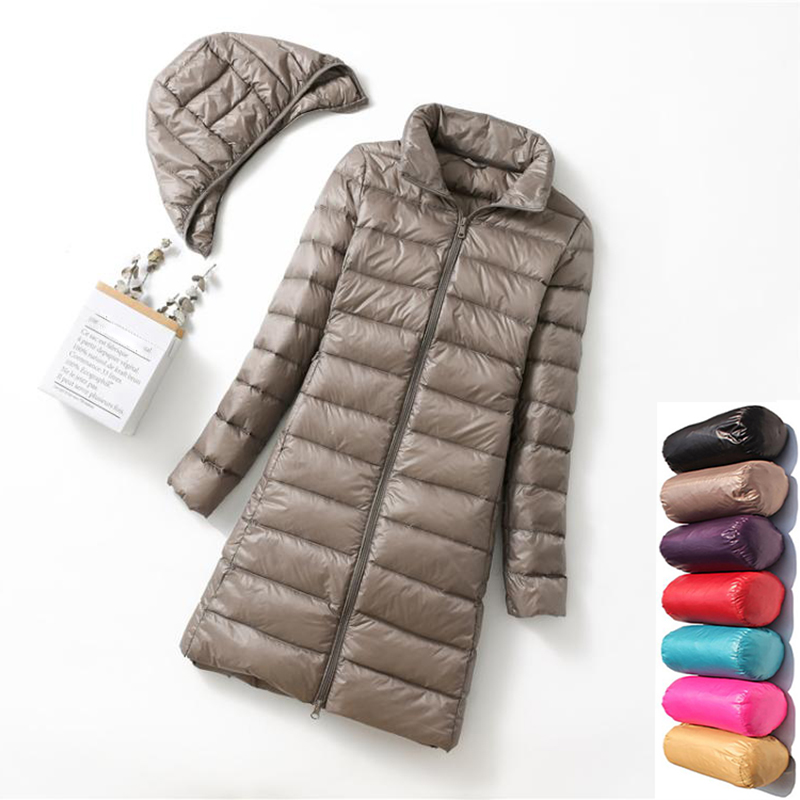 Jaqueta destacável com capuz para mulheres, jaquetas puffer ultra leves, chapéu com capuz, moda longa, plus size, 5XL