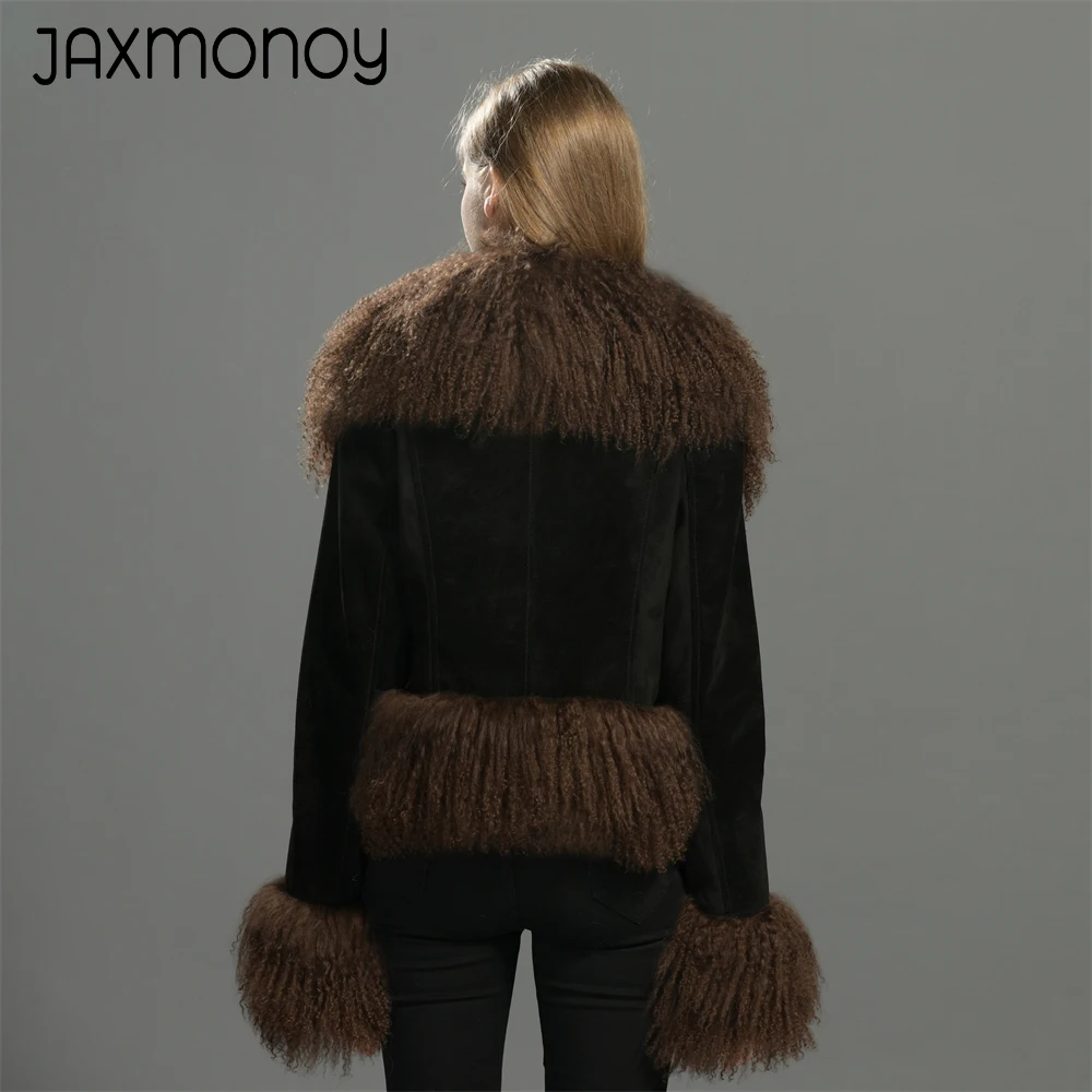 Jaxmonoy จริงหนังสําหรับผู้หญิงแกะมองโกเลียแท้ขนสัตว์ Trim Suede แจ็คเก็ตหนังฤดูหนาวแฟชั่นขนสัตว์เสื้อฤดูใบไม้ร่วง