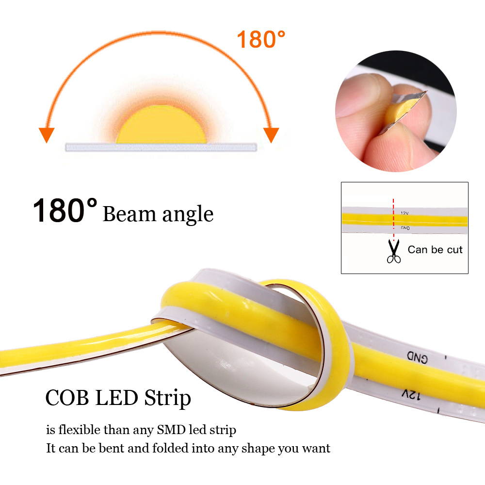 12V 24V COB LED Strip Light 320 480 528 LEDs Flex Tape High Density Linear Lighting Warm Natural White 8mm PCB 0.5m 1m 2m 5m 10m