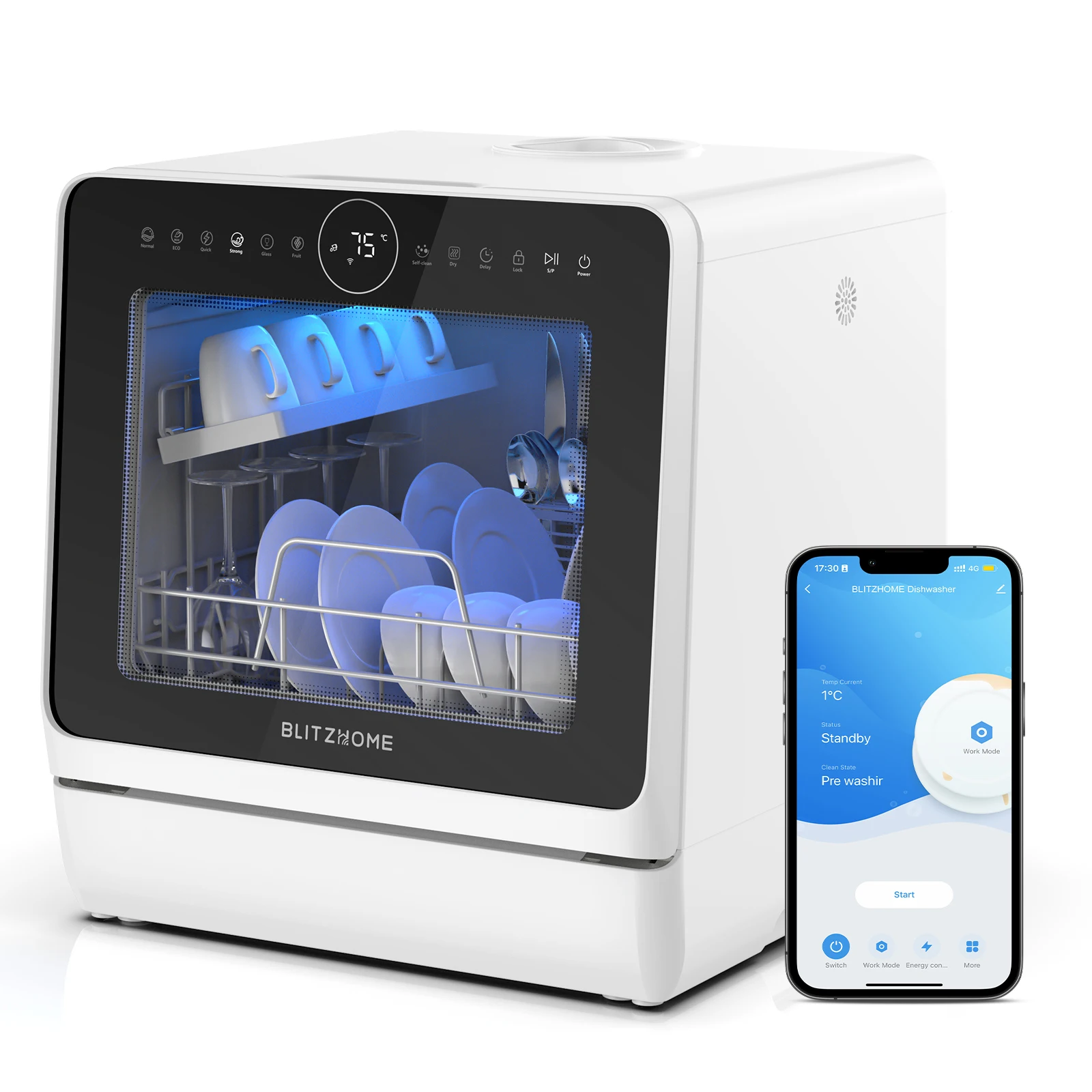 BLITZHOME BH-4-CDW Kompakter intelligenter Arbeitsplatten-Geschirrspüler, APP-Steuerung, 8 Programme, 3D 360 °   Doppelspray mit integriertem 5-Liter-Wassertank