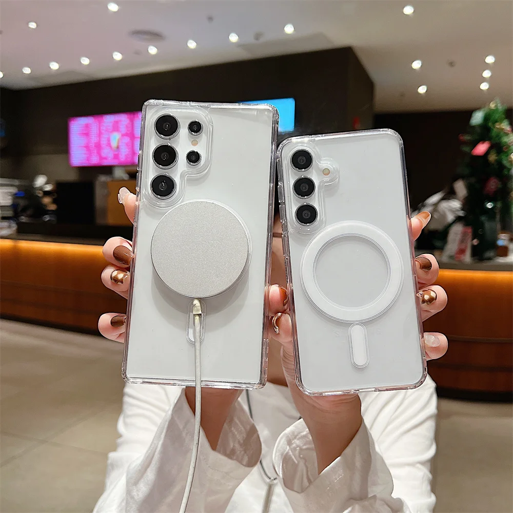 Funda de teléfono Magsafe con carga magnética para Samsung Galaxy S25 S24 S23 Ultra S22 Plus S21 FE A16 A15 A35 A55 cubierta delgada de acrílico transparente