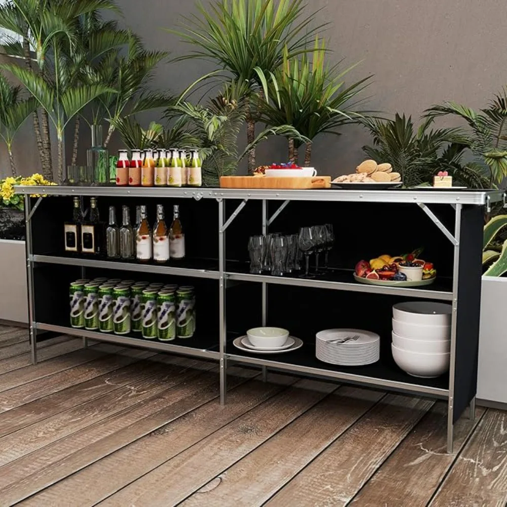 81 inch ultra long portable bar table with double-layer storage rack and foldable mobile cocktail table with detachable skirt
