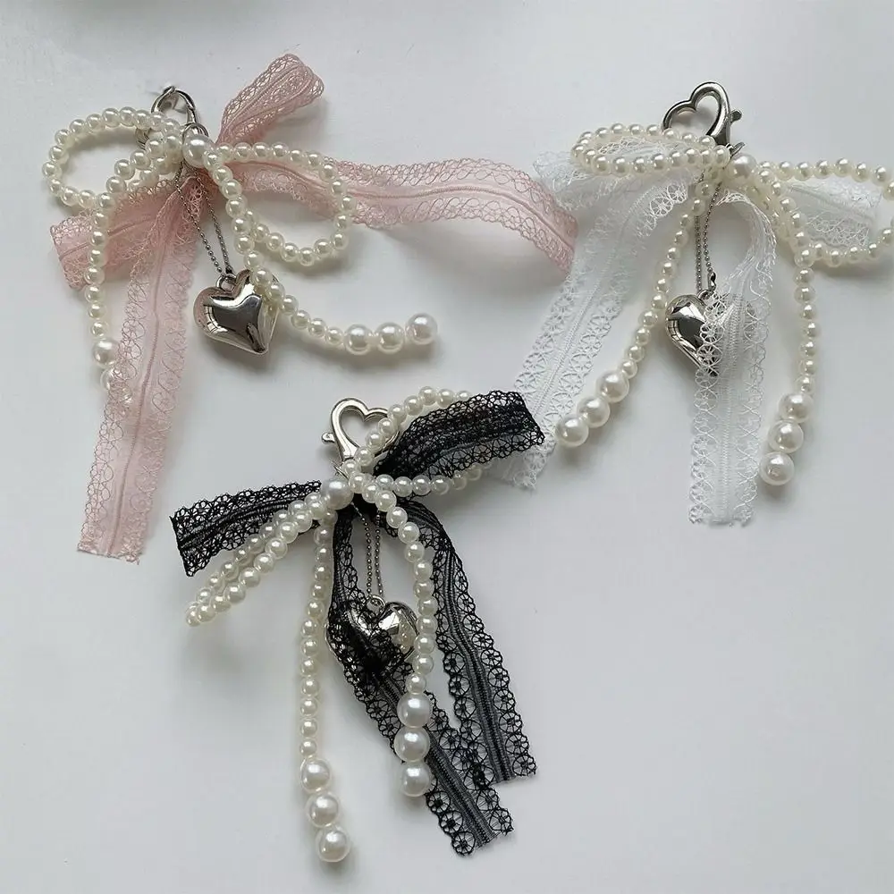 Lindo dulce perla arco llavero coreano Y2K corazón encaje colgante belleza chica bolso colgante accesorio