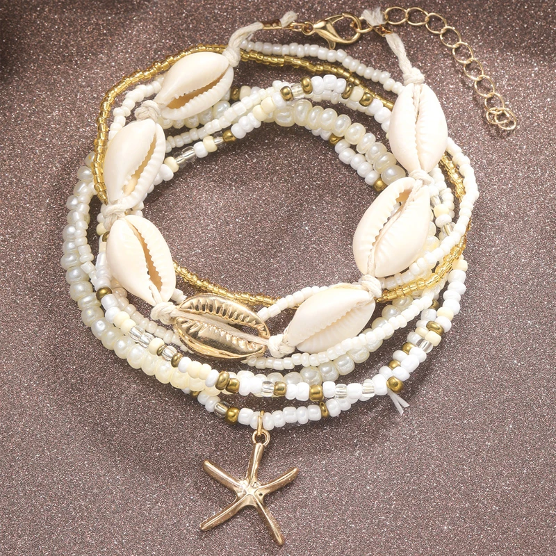 7 unid/set de cuentas de arroz bohemias, conjunto de tobillera con colgante de estrella de mar, moda de verano, playa, concha de mar, pulsera de tobillo multicapa, joyería para pie
