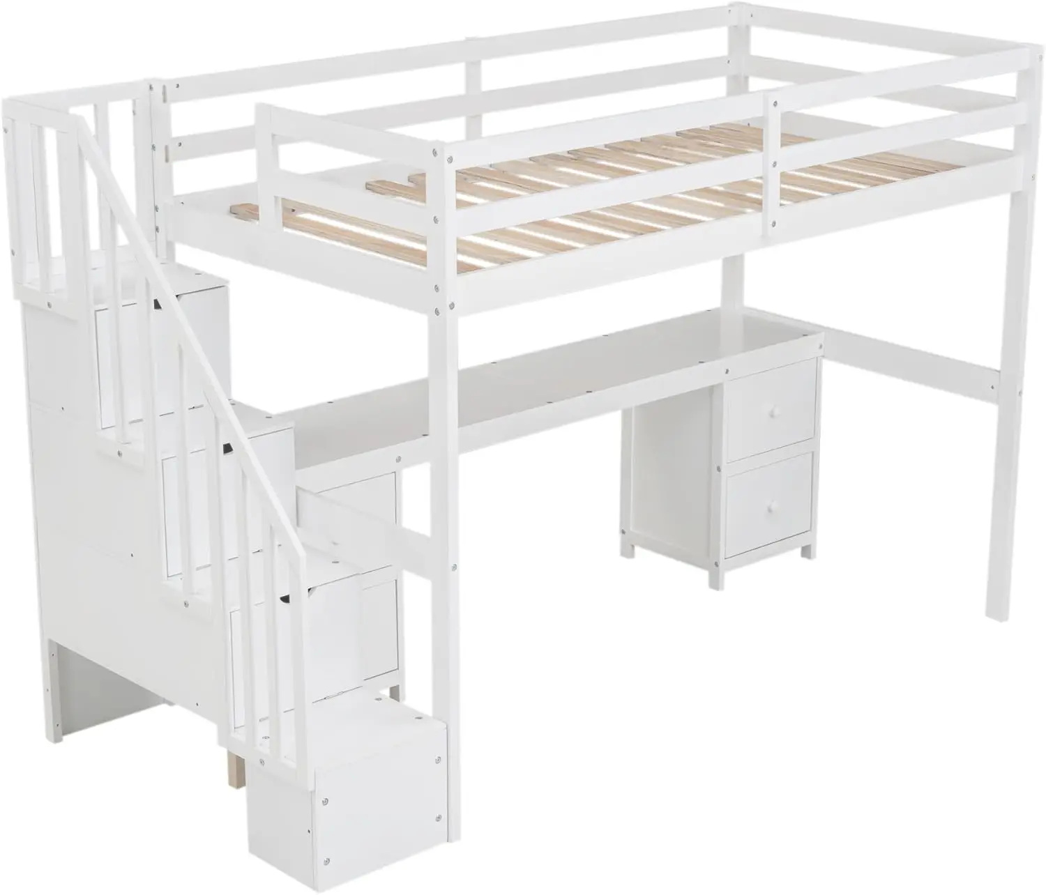Twin Size Loft Bed with Desk and Storage Stairs, Wood Loft Bed with Desk & 4 Storage Drawers, High Loft Bed Frame with Storage