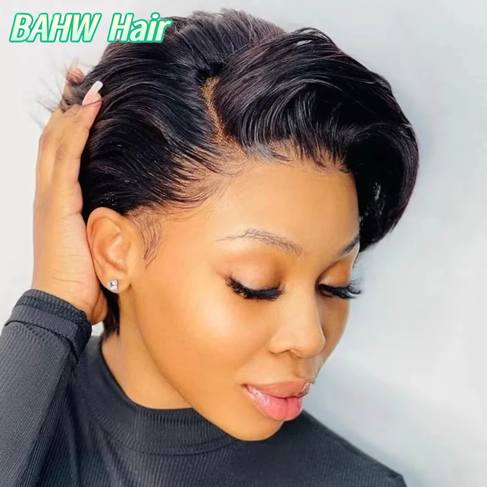 Parte lateral do cabelo birmanês pixie corte perucas retas curto bob peruca de cabelo 100% cabelo humano 13x4 frente do laço perucas de cabelo humano cor natural