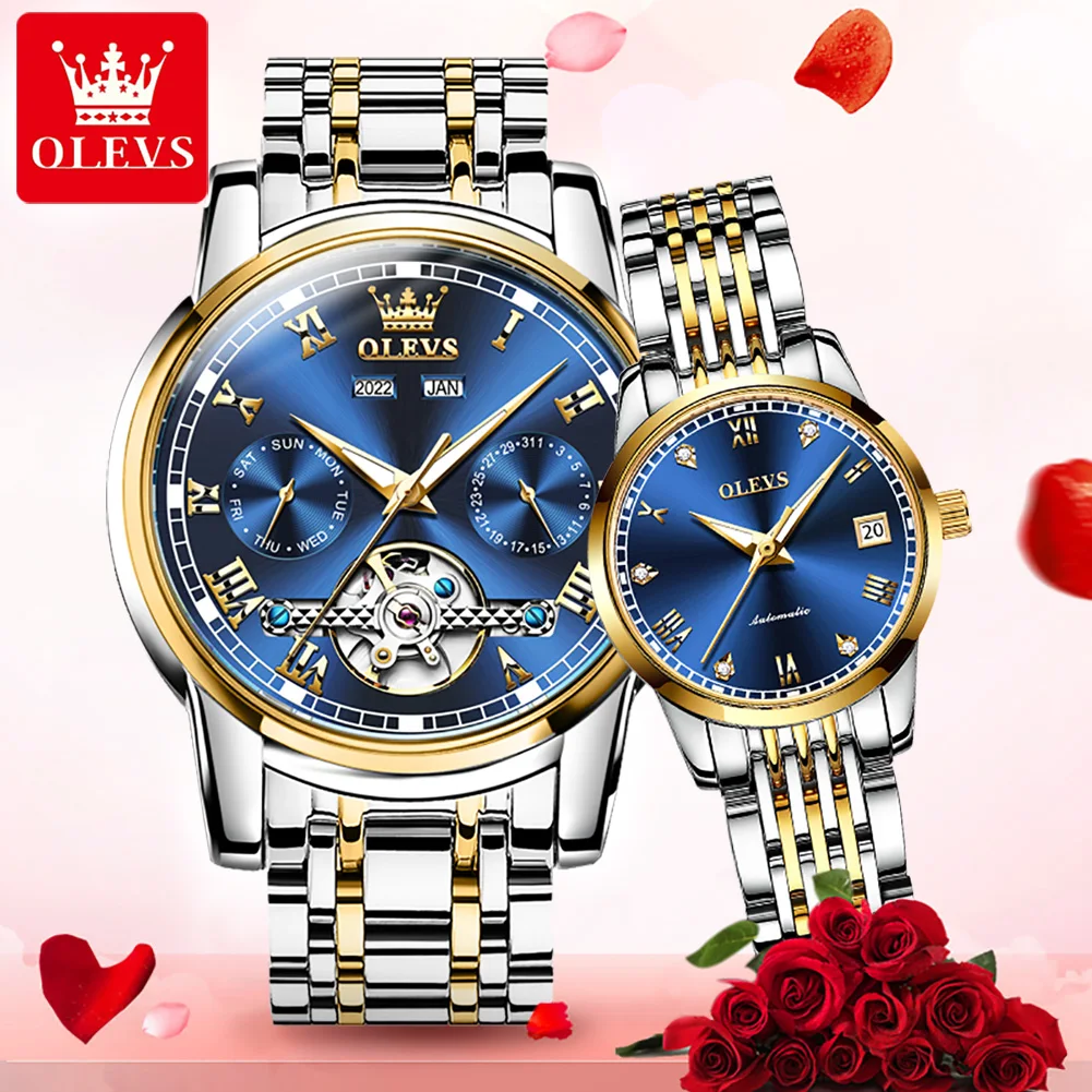 OLEVS, reloj Original de marca de lujo para parejas, correa de acero inoxidable, reloj mecánico completamente automático resistente al agua, reloj romántico para amantes
