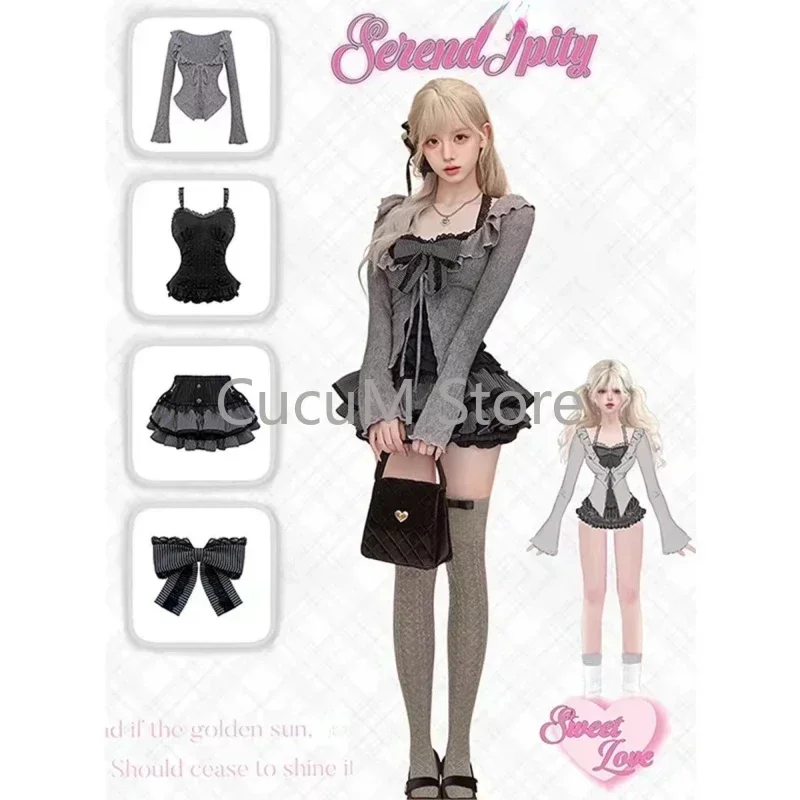 Doce lolita rendas até babados cardigan + sexy fino ajuste sem alças colete topos + cintura alta saias franzidas início do outono conjuntos de três peças