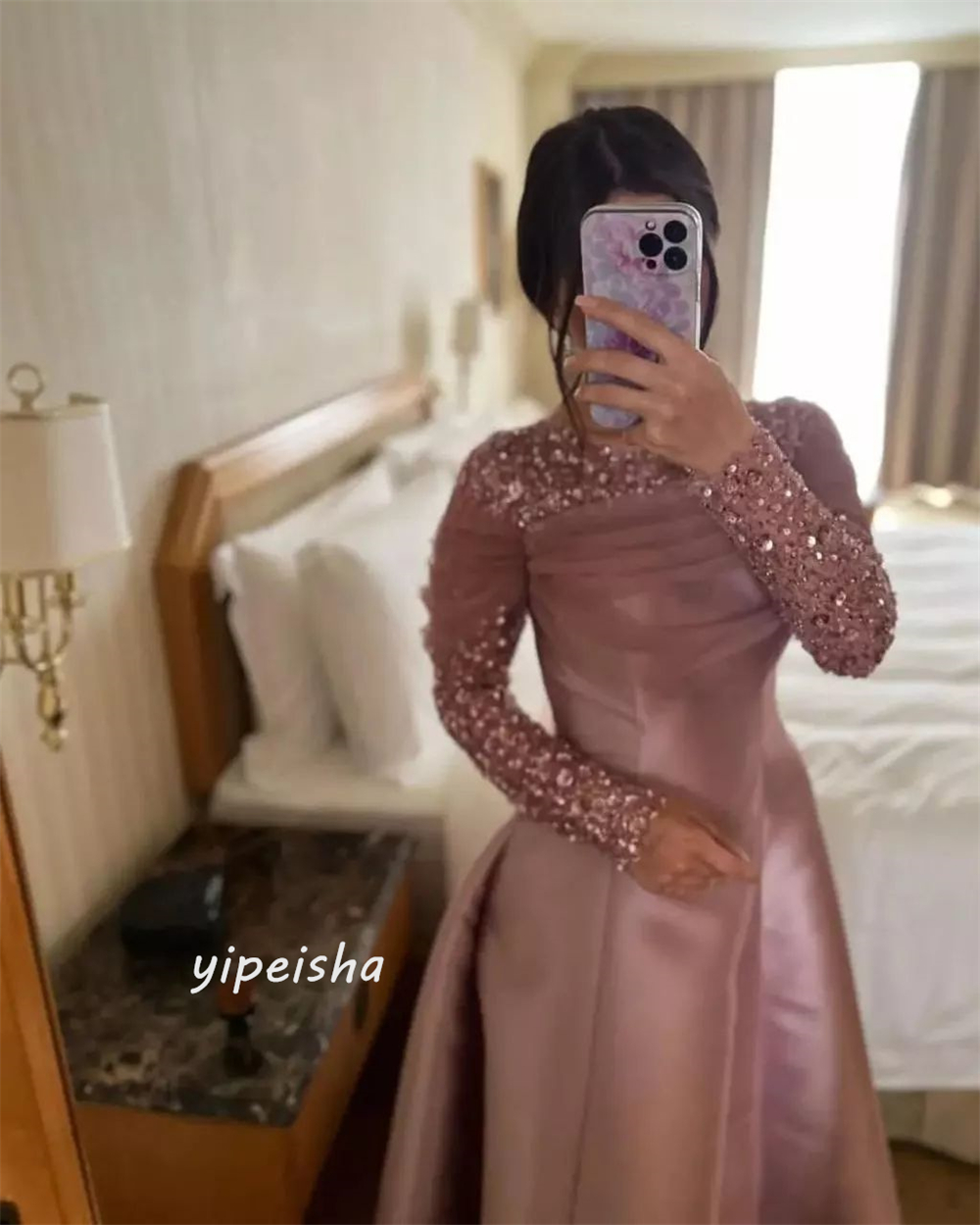 Personalizado brilho requintado clássico estilo moderno formal noite o pescoço até o chão vestido de baile miçangas tule vestidos de cetim