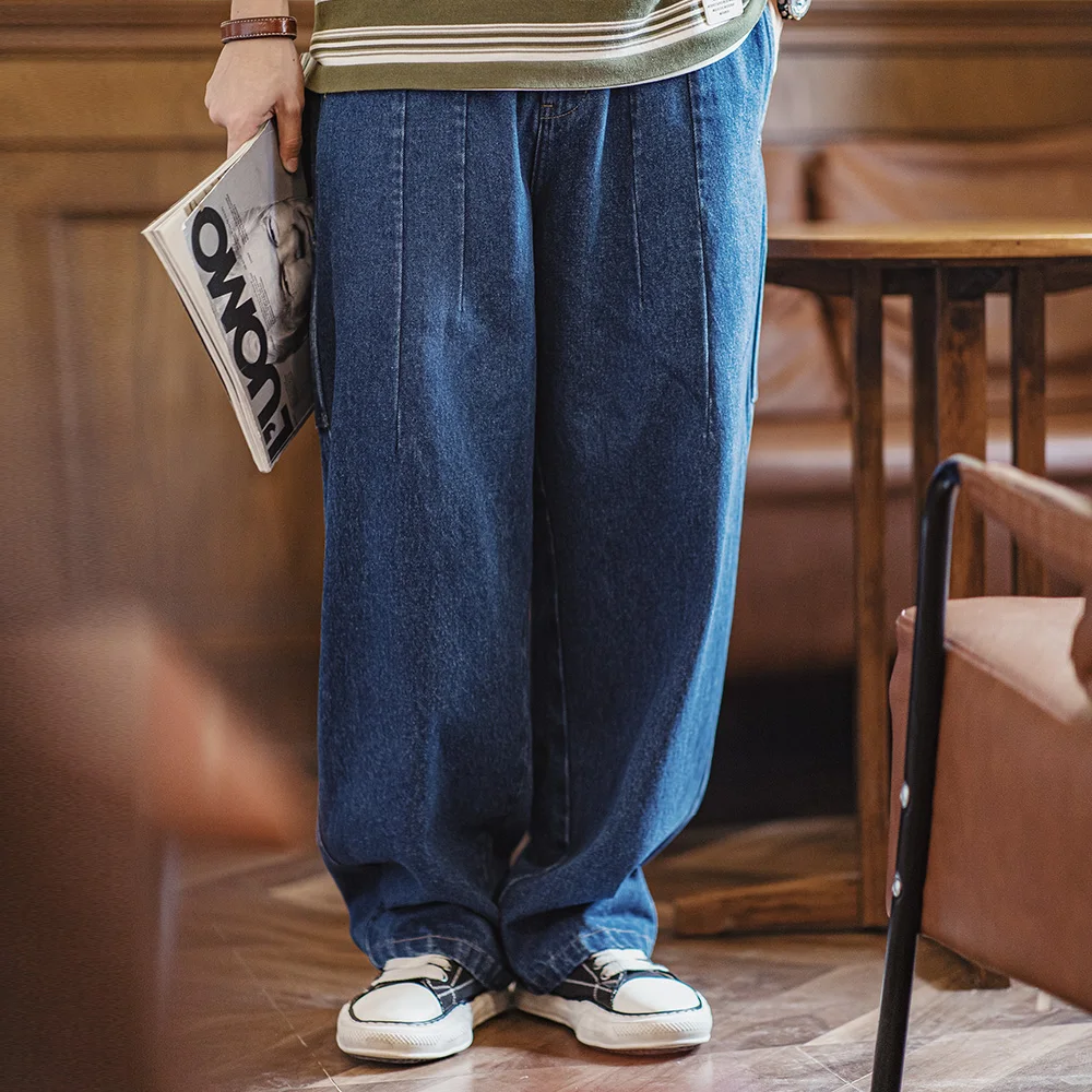 Maden Retro-Jeans mit schwerer, gewaschener Holzfäller, locker, mit Taschen, elastischer Taille, Kordelzug-Design, einfarbig, Freizeithose