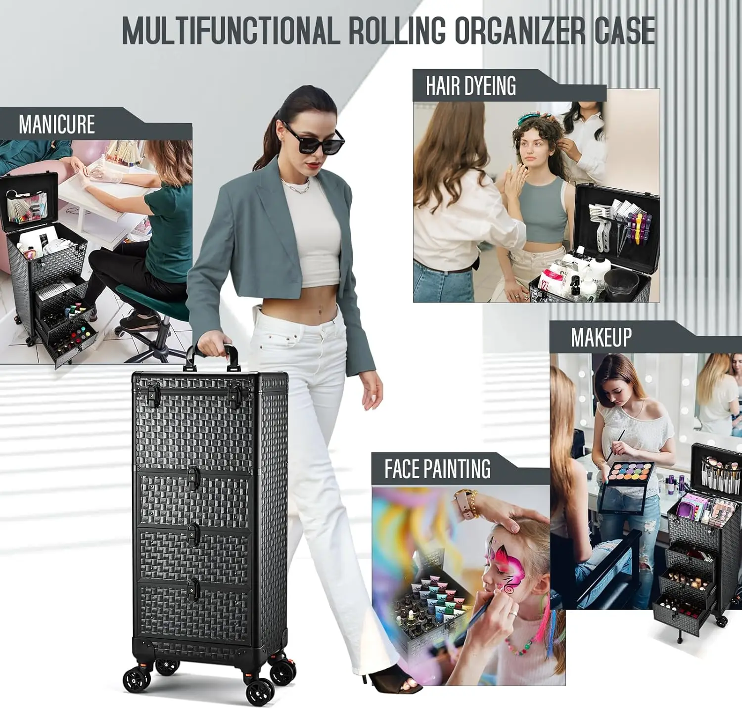 Cart with 3 Drawers, Professional Trolley Cart for Beauty Salon, Rolling Train Case Makeup Organizer Case for Nail Tech, F